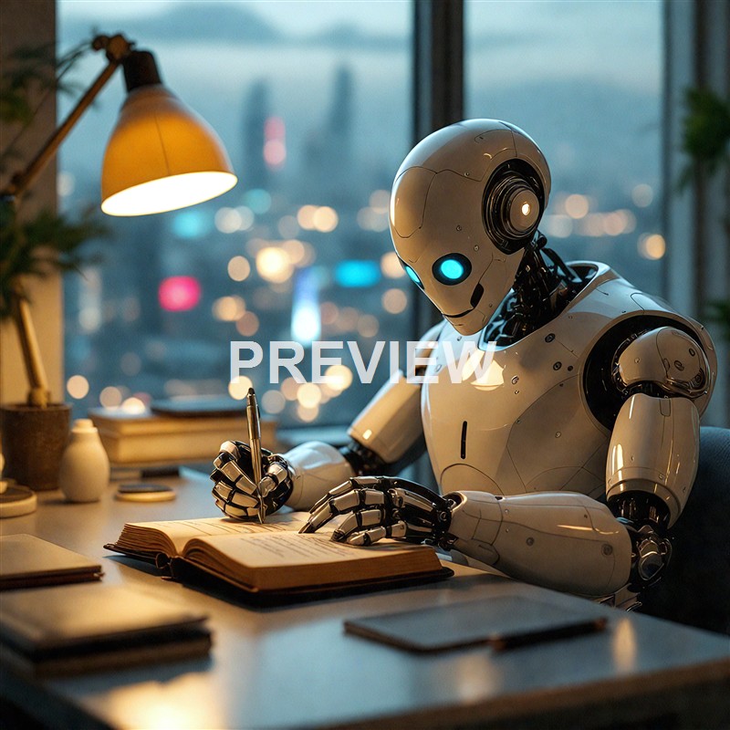 A humanoid robot with glowing blue eyes is sitting at a desk, writing in a notebook with a pen, in a modern office setting with a cityscape view through large windows in the background.